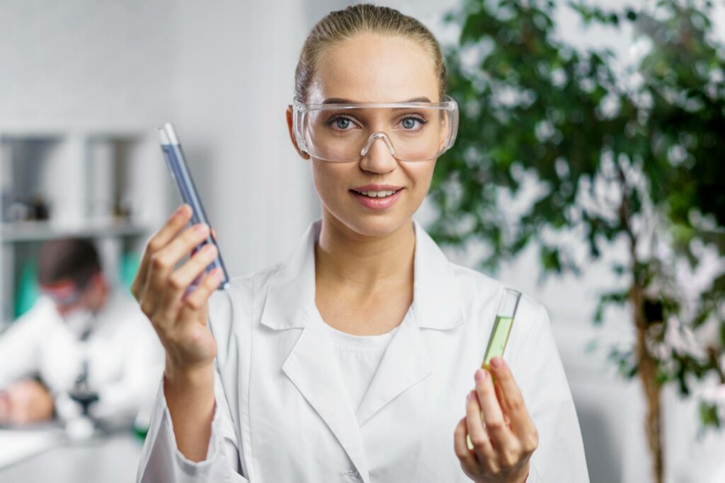 Imagem de uma cientista, possível técnico em química, segurando tubos de ensaio em um laboratório. Ela usa óculos de proteção e jaleco branco, e parece estar analisando uma substância verde.